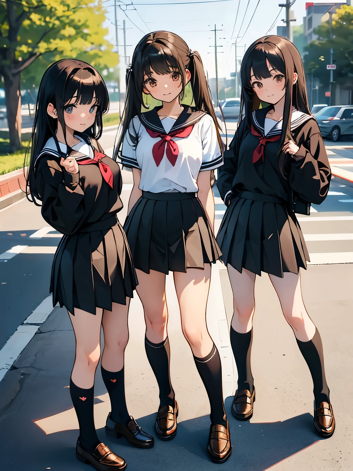   Masterpiece ,  High Quality ,  3 girls ,  school uniform,  black socks、Calf socks、ミッドCalf socks,  brown loafers,tight-fitting clothing、 Mini Skirt、 standing