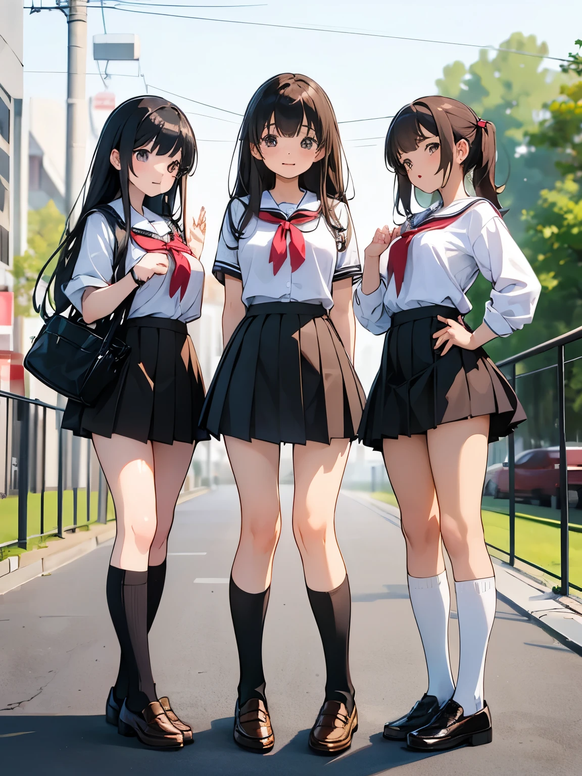   Masterpiece ,  High Quality ,  3 girls ,  school uniform,  black socks、Calf socks、ミッドCalf socks,  brown loafers,tight-fitting clothing、 Mini Skirt、 standing