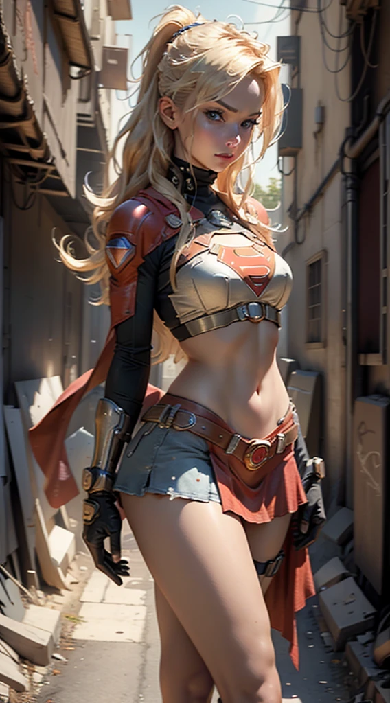 Supergirl body set thick thighs cybernetic body parts, short underwear, blonde with blue eyes, superman S symbol on the chest, detailed face, gorgeous, gorgeous and sexy smile, glasses, holding a gun.