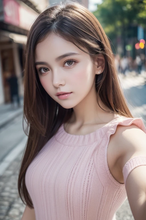 8k,  best quality,   Masterpiece ,  super high resolution, ( realism: 1.4), Original photo, ( realistic skin texture : 1.3), ( Film Grain: 1.3), ( selfie angle ),  1 girl,  pink clothes , Beautiful Face Details,   Masterpiece ,  best quality, close-up, Top Body High Quality Photo Stretched 