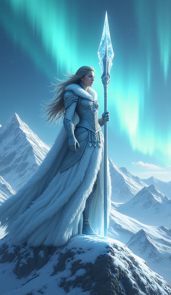 ((masterpiece)) ((photography)) ((Highest quality)) A fierce Valkyrie clad in icy silver armor with frosty details, holding a spear of ice. She stands atop a frozen mountain peak surrounded by a cold blue aurora. Her name, "Skadi," is written in a sleek silver font at the bottom, blending perfectly with the icy atmosphere.