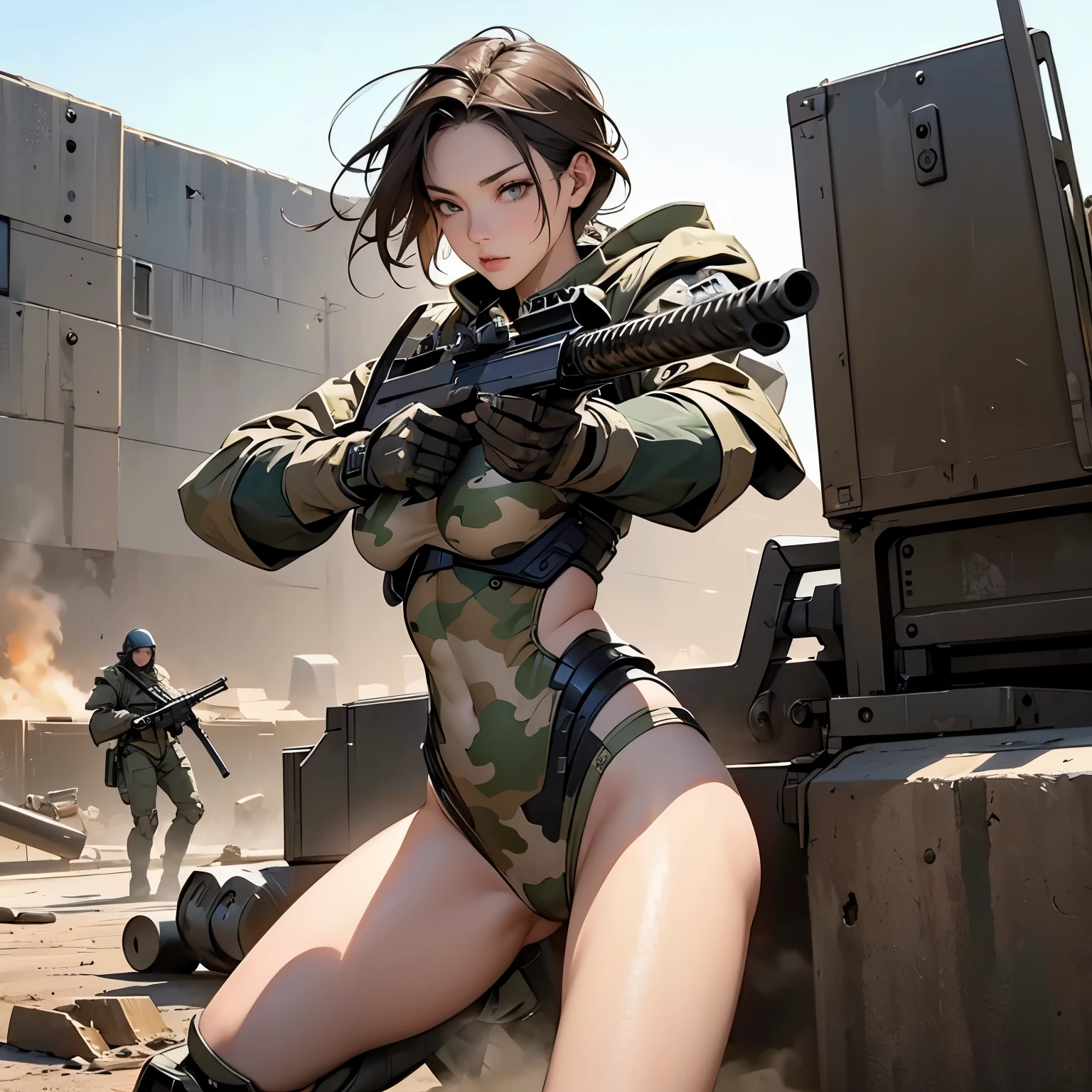 Best quality, masterpiece,bra and panty, serious, sexy pose, military, desert. Cammo, Sun, hot, guerrilla, tropical, wetting. Bullet proof vest.