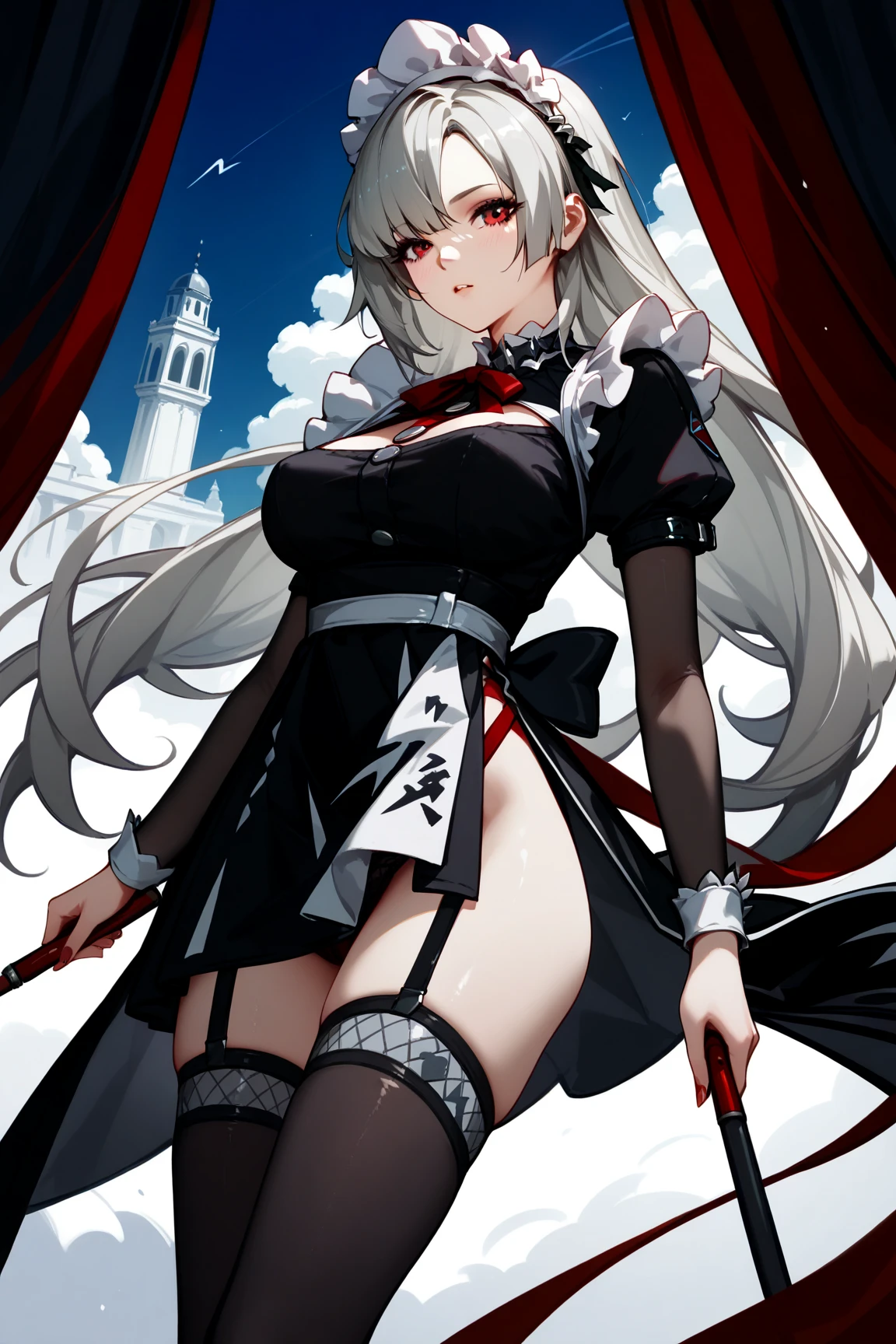 High Quality, wallpaper quality, HD, solo female, Big Boobs, Black Maid Dress with leg slit, White Ruffles, red straps on chest, Thigh high stockings, straps caressing breasts, long Creme hair, ((Long Hair)), Gloves with pointer and thumb not covered, mansion background, white marble floors, white pillars, red Curtains, ((in the style of Zenless Zone Zero)), dynamic lighting, realistic shadows,