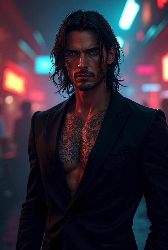 A mafia man, Long hair，open clothes, no clothes, muscular body, Asian men, detailed face, anime style, focus on face