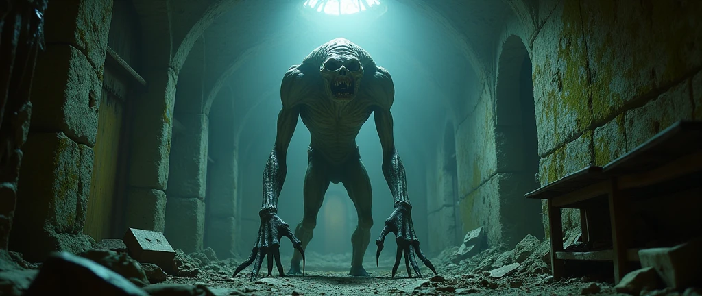 "A terrifying, nightmarish humanoid creature in a dark basement. The figure has tightly stretched, pale skin over a grotesquely misshapen body, unnaturally long limbs, and sharp, claw-like fingers that extend menacingly. Its face is horrifying, constantly morphing in a grotesque attempt to mimic human features but failing, with twisted and incomplete facial forms. The surrounding atmosphere is filled with swirling darkness and an eerie, faint glow highlighting the creature's monstrous features."