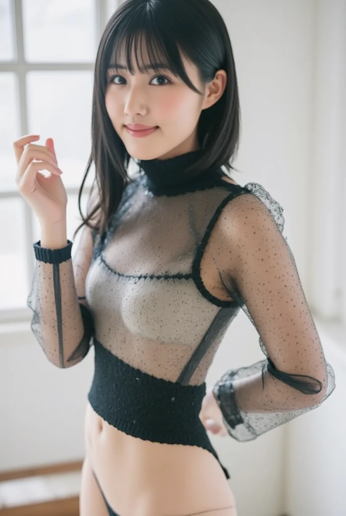 8k, RAW Photo, Best Quality, Masterpiece:1.2),(Realistic, photo-realistic:1.37), Super Detail, Wearing black pantyhose,She is wearing tight thin fitting transparent black long sleeve turtleneck, no skirts, transparent, cinematic lighting, sexy pose, monotone background, facing front, smiling, portrait, dressed up to the belly button, dressed up to the neck,short hair style

