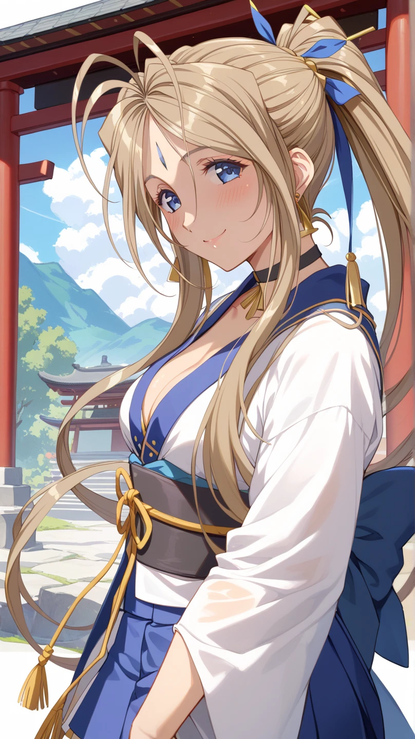 (Belldandy:1.2)、 1 woman、solo、25-year-old woman、Light brown hair、Shiny Hair、 high ponytail、 blue eyes、Glamorous eyes、 textured skin、Shrine Maiden&#39;s Clothing、Sexy Shrine Maiden、 Mini Skirt、 standing、front、 high definition ,  best quality、 Detailed Details ,  golden hair ornament、 Gold Earrings、 choker、Blushing and smiling、 blur the background :1.2)、