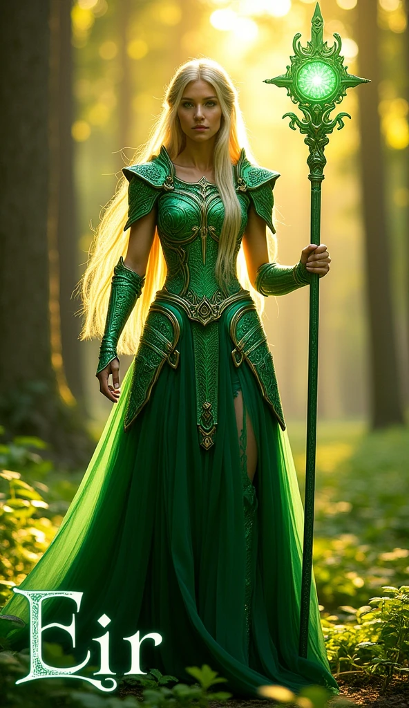 ((masterpiece)) ((photography)) ((Highest quality)) A serene Valkyrie in shimmering emerald-green armor with floral and nature-inspired details. She carries a staff glowing with healing energy, standing in a lush forest bathed in golden sunlight. ((Her name, "Eir," is inscribed in a graceful green font at the bottom)), harmonizing with the vibrant natural setting.