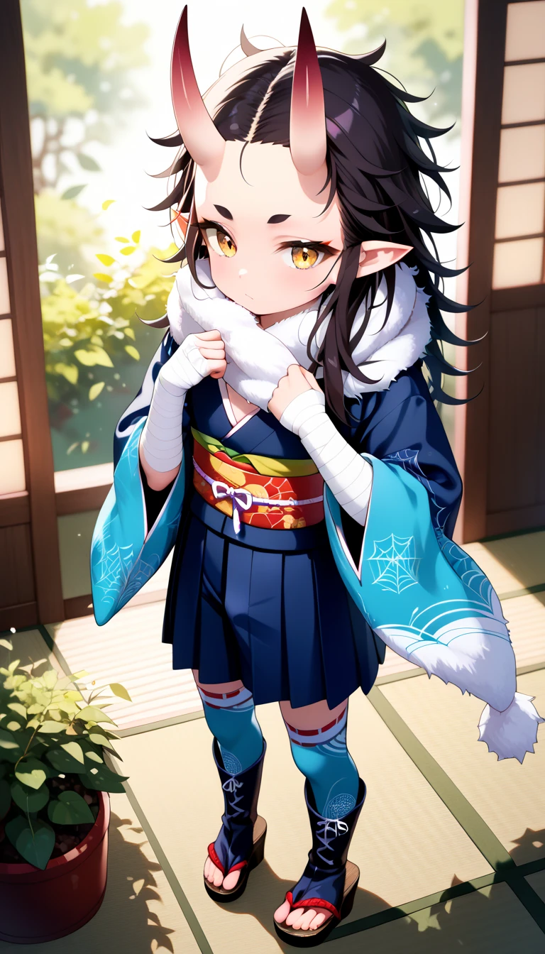 masterpiece, highest_quality, ultra_detailed, from_above, 1_boy_focus, boy is (japanese_young_boy, femboy, shota, 10_years_old, (black_hair, messy_hair, very_long_hair, forehead_bangs, golden_slant_eyes, close_set_low_eyebrows, eye_liner, pointed_ears, oni_horns):1.5, flat_chest, thin_body, short_stature, booty, (spider_pattern_clothes, separate_sleeves_kimono, bandaged_arms, short_length_hakama, bandaged_legs, thighhighs, boots_sandals, fur_scarf)):1.5, standing_pose, five_finger, full_of_details, detailed_face, covering_privates, convenient_censoring, holding_spider_thread_from_under_clothes