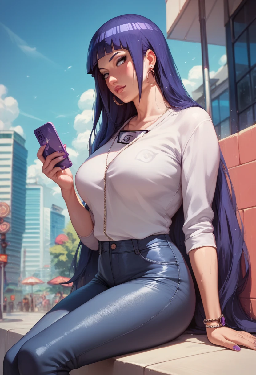  a beautiful  woman hinata hyuga (naruto)sitting  outdoors urban city tangtop  mini skrit sweating showing big as horny faces tatto holding smartphone her hands in mini pants tigh purple poni long hair tatto