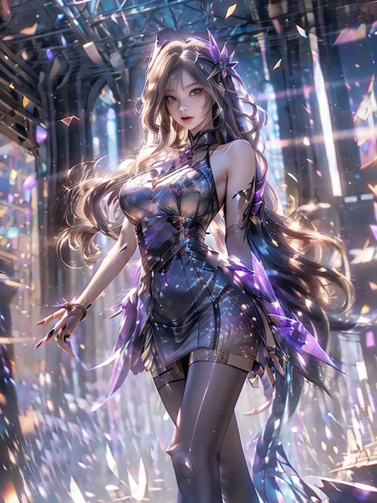 CNS Dress ,  decorative long dresses,  pantyhose,  high heels, ((Glowing Light Purple , Mesh dress)),  (( Sexy Long Legs )), Realistic detailed photo of a giant breasted girl with exposed shoulders,  Detailed Fingers , High quality skin, red eyes, 雲のある冬のwind景の中で一人,  ray tracing  , ((Reflected light)), light,wind,  flowing hair , ( best quality,4K,8k, high definition ,  Masterpiece), ultra detail,(Realistic,photoRealistic,photo-Realistic:1.37), studio lighting, bright color