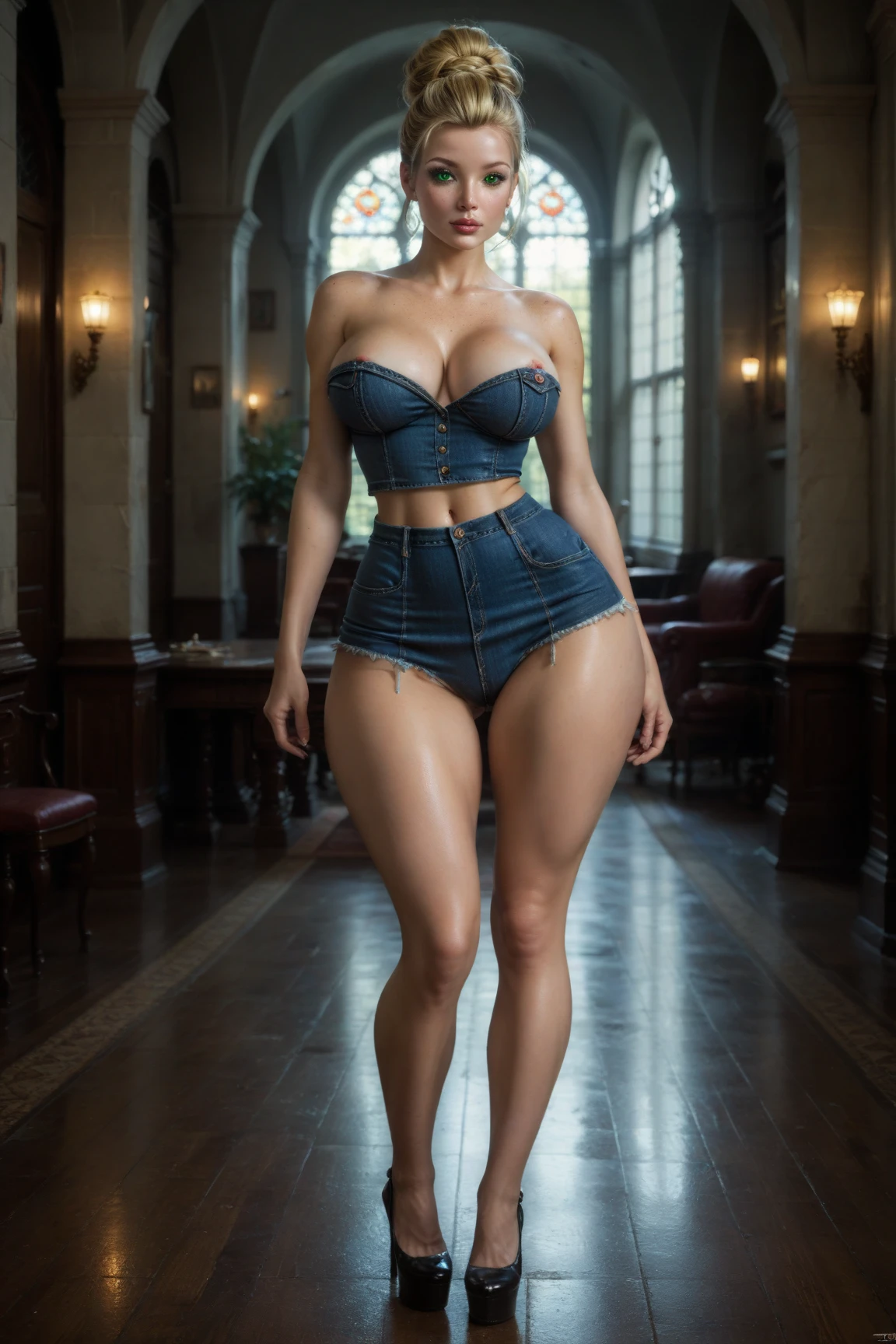 A beautiful classic 1920s woman with a perfect curvy body, (full shot:1.5), (front view:1.5), full body, detailed face, detailed eyes, detailed lips, detailed chest, highest quality, masterpiece, listening to the radio in a 1920s living room, blonde hair in a classic 1920s hairstyle, green eyes, freckles, makeup, glossy lips, (fully clothed:1.2), (wearing classic 1920s casual clothing:1.3), (narrow shoulders:1.4), large breasts, full breasts, perky breasts, perfect breasts, (tiny waist:1.3), flat stomach, (large hips:1.5), (hips wider than shoulders:1.2), (large ass:1.3), long legs