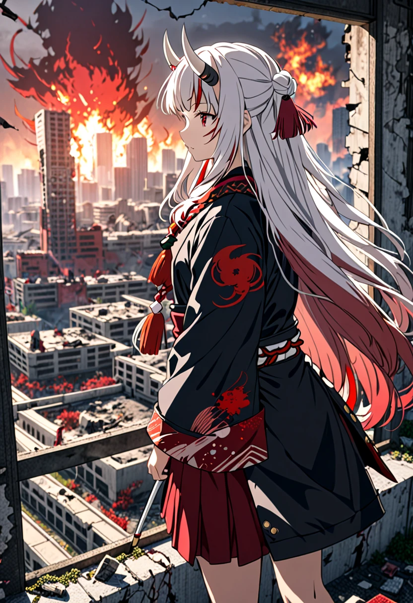 8K Ultra High-Quality, ultra-detailed, High quality, Nakiri ayame, white oni horns, long hair, side view, standing infront of window, modern bedroom, ruined destroyed city background, burning background
