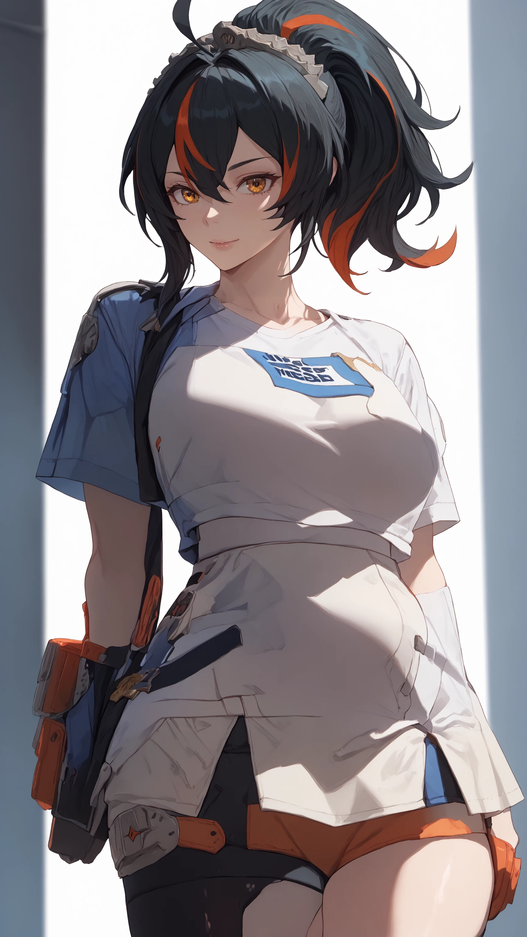 ((best quality)), masterpiece,A full-body depiction of Zhu Yuan from Zenless Zone Zero, with ponytail hair featuring black hair, STREAKED HAIR AT THE MIDDLE HAIR. She possesses a perfect body with notably large breasts, standing upright and making direct eye contact with the viewer. Zhu Yuan is dressed in an orange slim-fit t-shirt and a skirt, with her arms elegantly positioned behind her back, showcasing long, enticing legs.