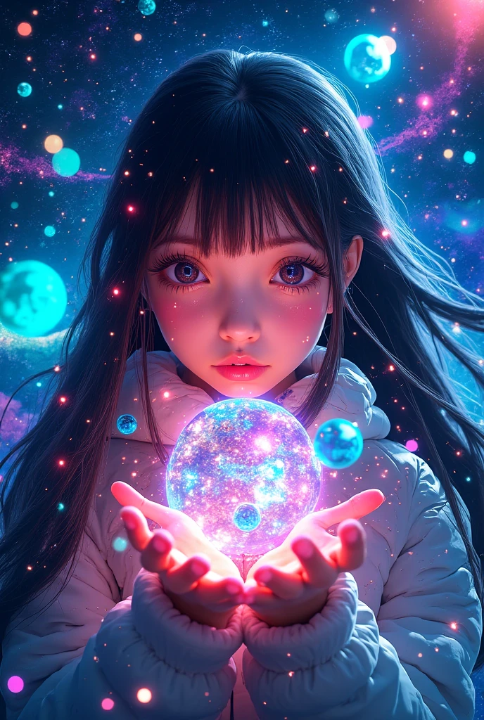  long hair with colorful 3D hologram spheres  ,  holding colorful 3D hologram spheres on the palm ,  dynamic and beautiful ,  surrounded by a fantastic cosmic background filled with stars and galaxies, Showcasing advanced technology and a sense of surprise ,  vibrant colors. very cute ,  1 Japanese idol , 、 symmetrical eyes next to woman ,  eyelash ,  Extremely thin skin with great attention to detail ,perfect anatomy ( chubby,) ,