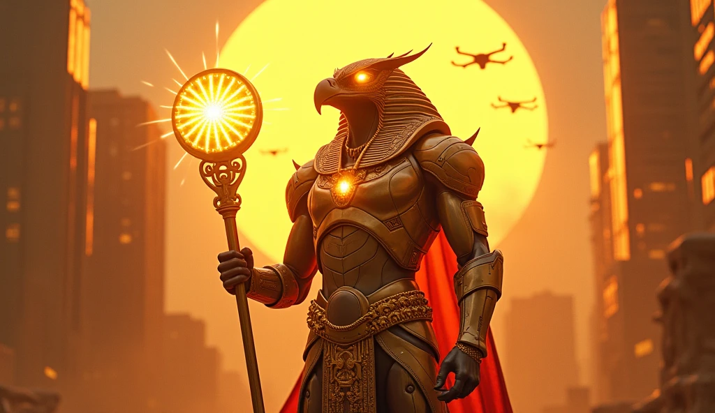 Create a hyper-realistic, cinematic image De Ra reimagined as a futuristic god in a cyberpunk setting. Show a majestic figure with the head of a  falcon , with eyes shining in shades of gold like the rising sun . His armor is made of metallic and luminescent materials , with shades of gold and red . It carries a futuristic scepter that emits solar rays , and a solar disk floats above your head , with energized circuits . The setting is a cyberpunk city at dawn , with Heavens reflecting golden light and drones flying in the sky . The pose must transmit power , leadership and divinity .


