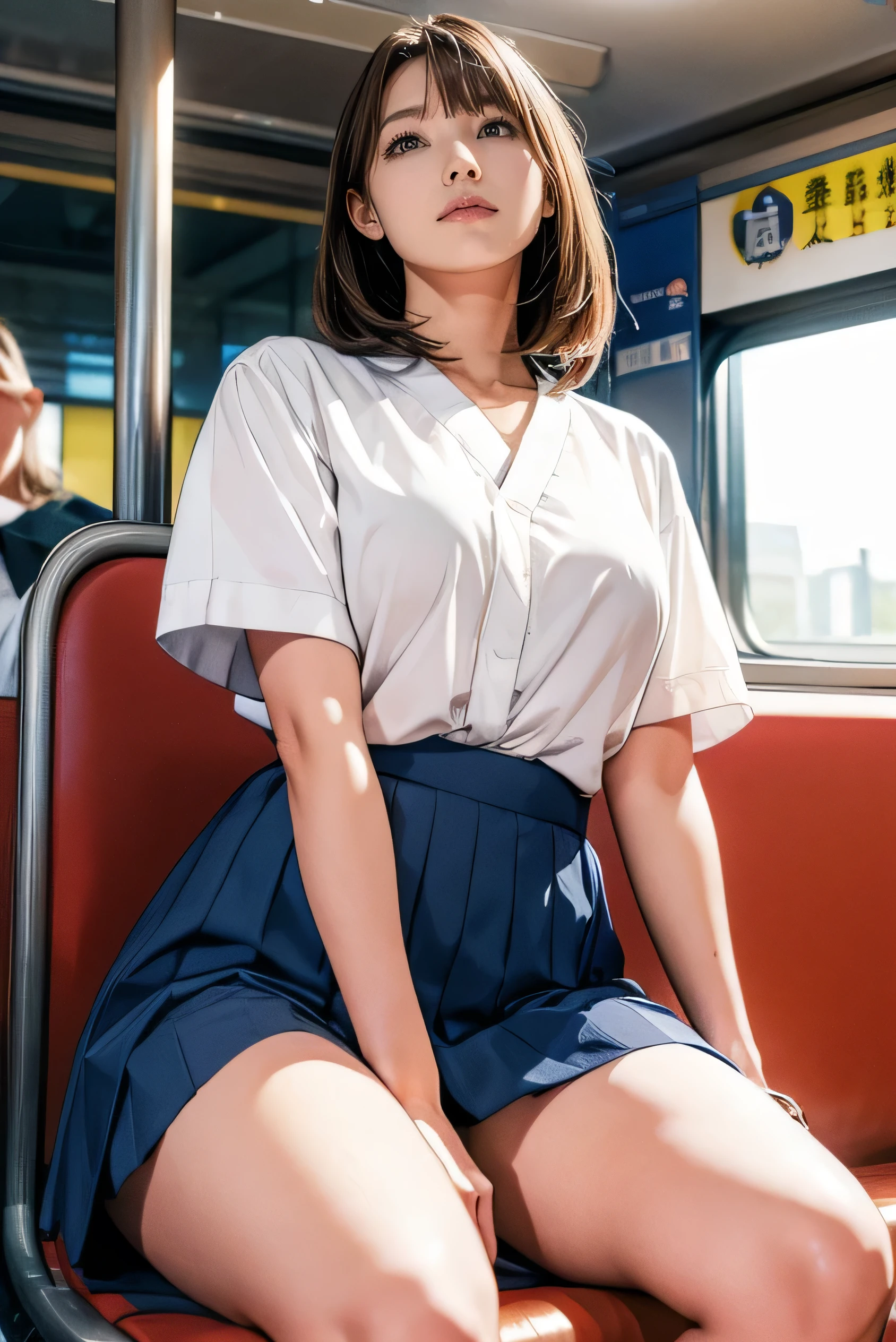 nsfw,(uetoaya),Highest quality,Very detailed,masterpiece,Realistic,Photo Real,Bright lighting,One Girl, (cute:1.2),(prohibit),Perfect glowing skin,Perfect Skin,((erotic,Sexy and sexually explicit)),((Accurate hands without any discord)), Big ample breasts,big breasts and small waist, Observe the audience,,((Short sleeve uniform white shirt)),(Blue mini pleated skirt),(((Roll up the skirt yourself))),(I lifted it myself),(Showing panties),Wearing panties,Panty Focus,((sit,Spread your legs wide)), socks, (Black knee socks),(Loafer shoes), Daytime,in the train,Long seat away from the window,