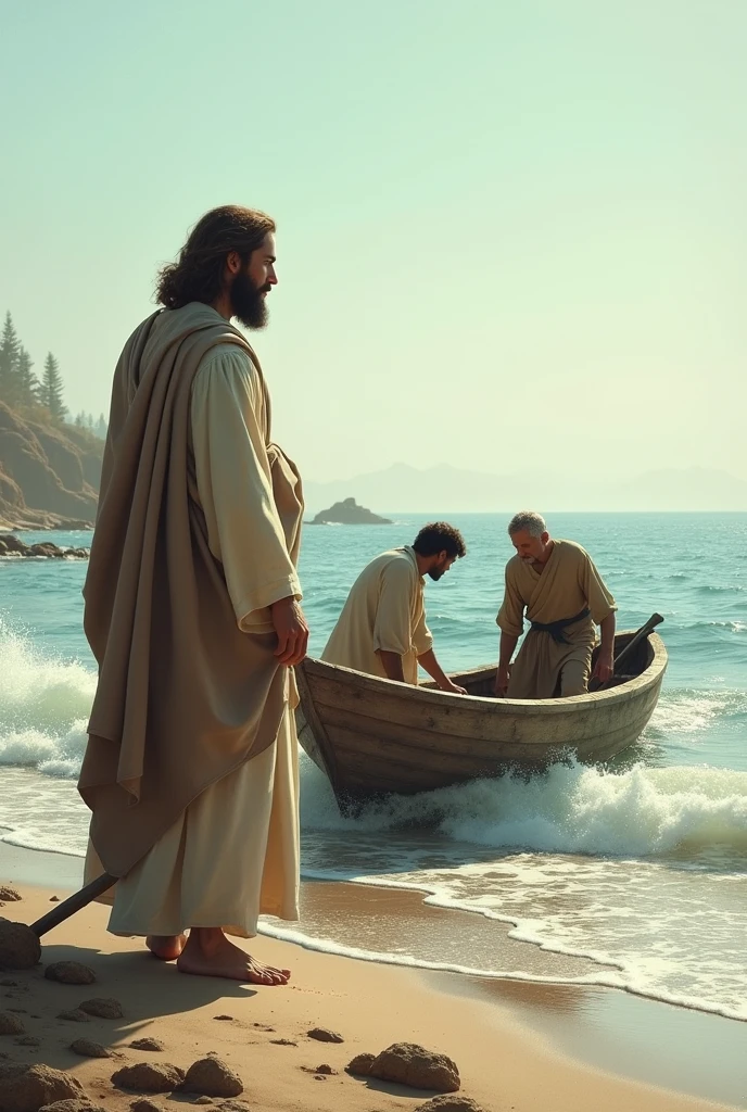 Jesus on the Seashore , Pedro and André in the boat casting a net to ...