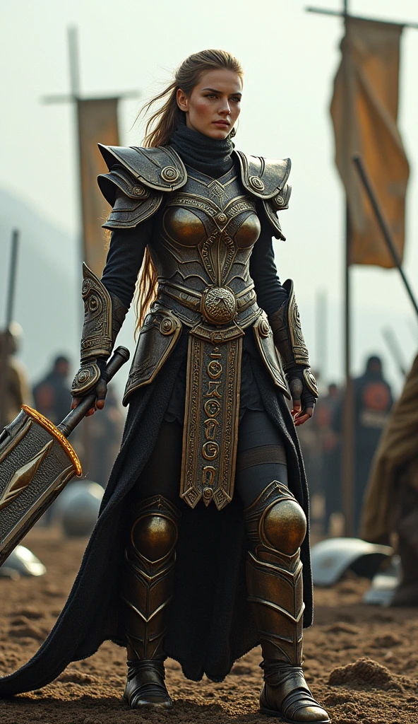 ((masterpiece)) ((photography)) ((Highest quality)) A fearless Valkyrie wearing bronze armor with bold, angular designs. She carries a massive warhammer glowing with runic symbols, standing amidst a battlefield littered with shields and banners. ((Her name, "Gunnr," is inscribed in a rugged bronze font at the bottom)), reflecting her strength and warrior spirit.