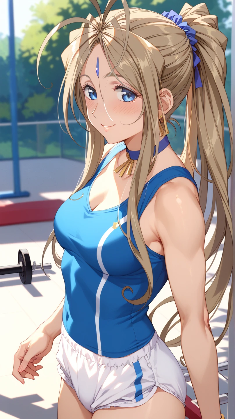 (Belldandy:1.2)、 1 woman、solo、25-year-old woman、Light brown hair、Shiny Hair、 high ponytail、 blue eyes、Glamorous eyes、 textured skin、Gym clothes、Bloomers、Fits your body、 standing、front、 high definition ,  best quality、 Detailed Details ,  golden hair ornament、 Gold Earrings、 choker、Blushing and smiling、 blur the background :1.2)、