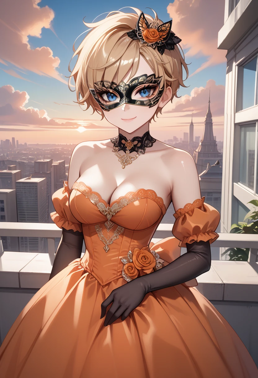 score_9, score_8_up, score_7_up, source_anime, 1girl, solo, tomboy with pixie cut Face masks and beautiful gown BREAK 

Large breasts, blonde hair, pixie hair cut, very short hair, messy hair, blue eyes BREAK 

Orange dress, masquerade, shiny dress BREAK elbow gloves, black gloves, strapless, bare shoulders, smile, closed mouth BREAK 

Looking at viewer, standing, outdoors, cityscape, urban area, balcony, sunset sky, orange sky BREAK