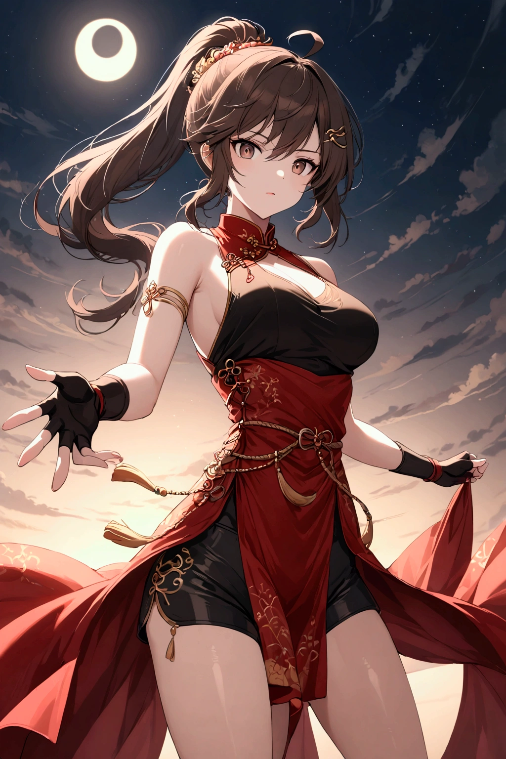 　 ponytail　  dark brown hair　 Oblique Eyes 　active　 Exposing shoulders　  Chest Slightly Open 　 thighs without bare neck　 Breasts are normal　Combat Uniform　 Dark Brown Eyes 　 Red Front Drape at Waist　Fingerless gloves　Ahoge　 long bangs 　The face of determination　Beautiful Girl Warrior 　Red and black clothes　During combat　 Chinese Dress Style 　 Strong Spin Kick 　Alone　whole body　moonlight　 Crescent Hairpin 　 shorts