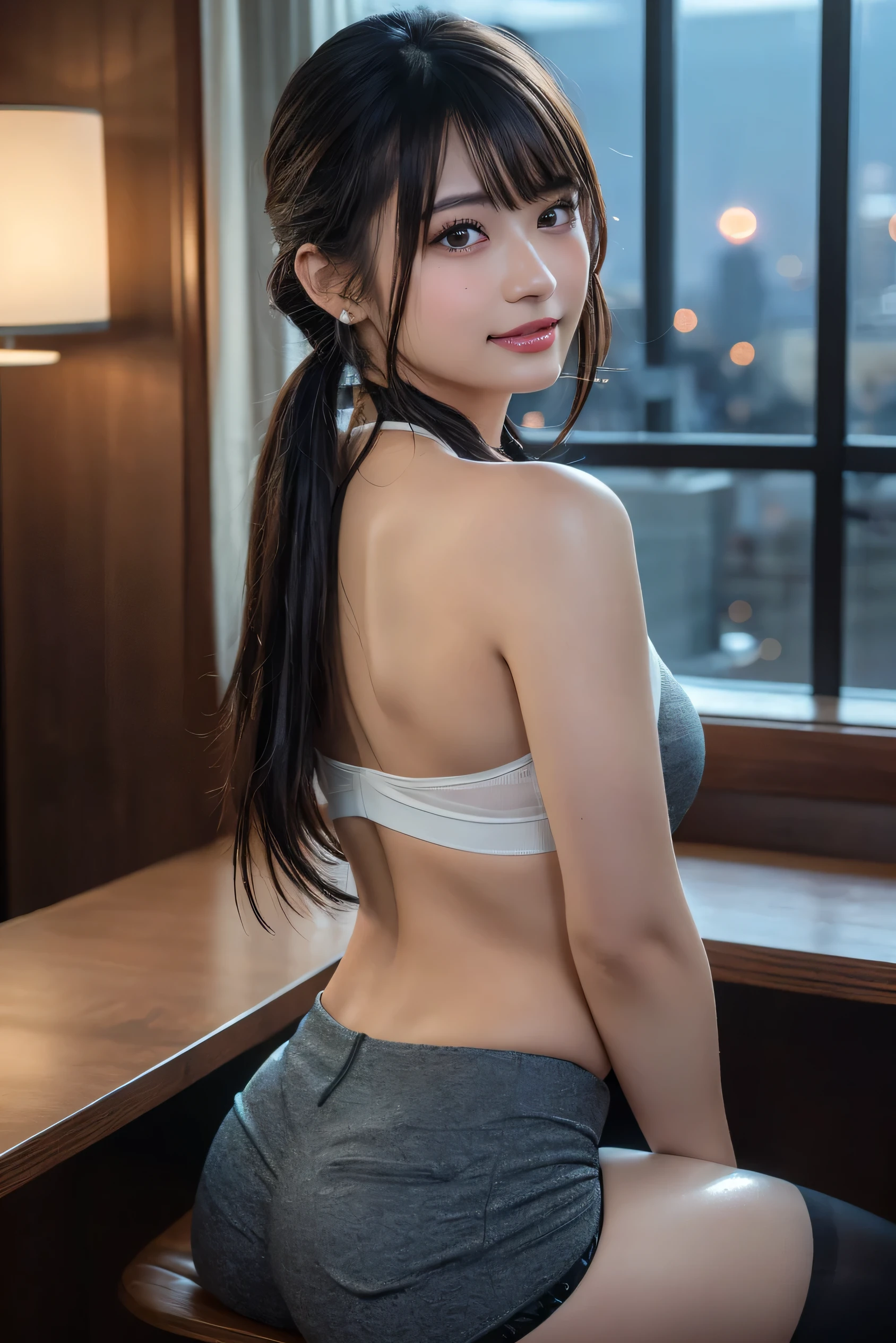 ((Girl lying down in bedroom:1.2)), (8k, RAW Photos, Highest quality, masterpiece:1.2), (Bun twin tail), alone, Looking at the audience, Viewed from the front, ((性欲が強いhigh school girl:1.3))、Beautiful white skin, knees, Absurd face is small, Part your bangs down the middle, The forehead is visible, Glare, ((Cute ecstasy face:1.4)), Ultra-high resolution, cute, (Slender body line), (Outstanding proportions), ((Crop top and sexy pants:1.3)), high school girl, (Baby Face:1.65), Japanese women, Are standing, (Photorealistic:1.37), Photon Mapping, Realistic, cute顔が小さい, Brown eyes, prospect, Written boundary depth, Blurred Background, (I can see the bangs), Silky smooth hair, (Slim Belly:1.2), (Beautiful thin thighs:1.2), (Small beautiful butt:1.2), (Curved waist), thigh, Nogizaka idol, Idol, (Detailed hands:1.3, Accurate hands:1.3, Beautiful little hands of a girl:1.3), (Small small breasts:1.3, Beautiful underboobs:1.3), Super quality, Low people, (Clear white skin, Skin with visible pores:1.2), (Focus on the face), Check and correct the garment construction, (Perfect Anatomy:1.3), (Detailed eyes and face:1.3, Professional photography techniques), ((Beautifully shaped crotch:1.3))