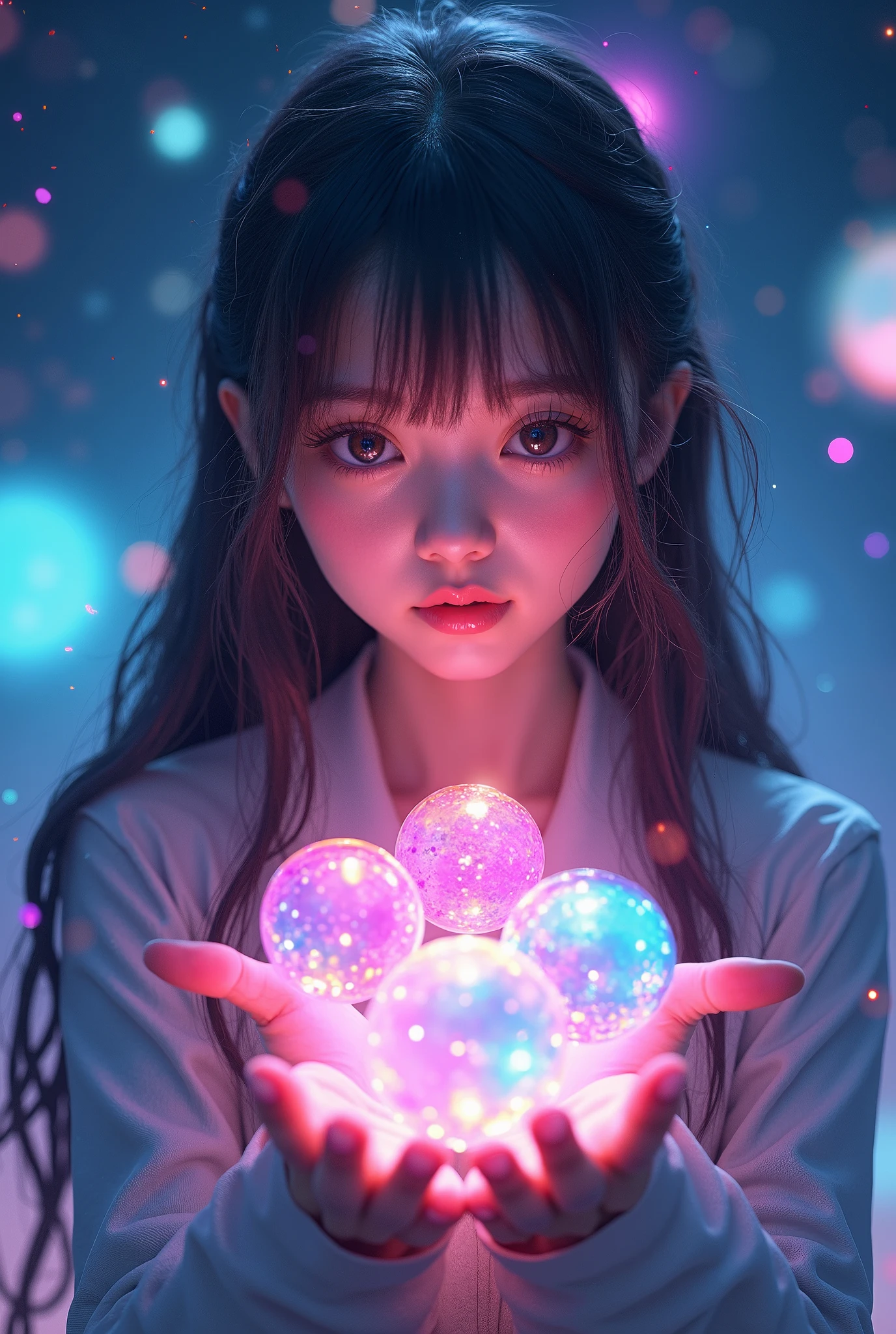  long hair with colorful 3D hologram spheres  ,  holding colorful 3D hologram spheres on the palm ,  dynamic and beautiful ,  surrounded by a fantastic cosmic background filled with stars and galaxies, Showcasing advanced technology and a sense of surprise ,  vibrant colors. very cute ,  1 Japanese idol , 20 years old、 symmetrical eyes next to woman ,  eyelash ,  Extremely thin skin with great attention to detail ,perfect anatomy ( chubby,) ,