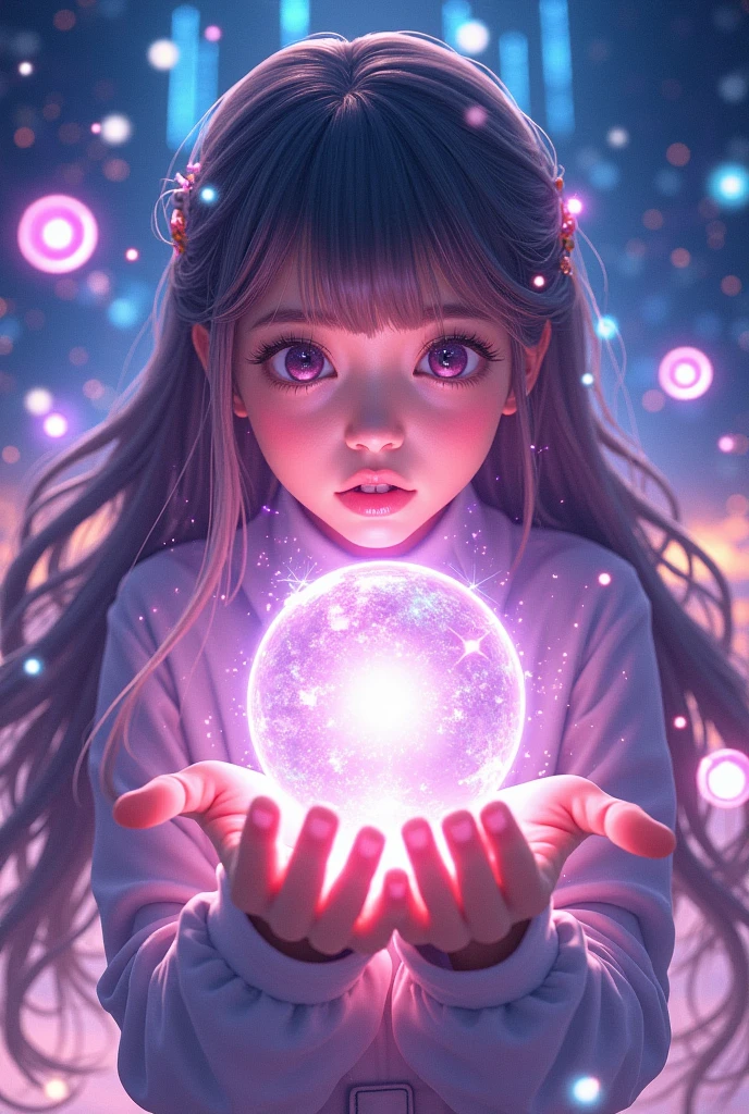 The sphere emits light ,  long hair with colorful 3D hologram spheres  ,  holding colorful 3D hologram spheres on the palm ,  dynamic and beautiful ,  surrounded by a fantastic cosmic background filled with stars and galaxies, Showcasing advanced technology and a sense of surprise ,  vibrant colors. very cute ,  1 Japanese idol , 20 years old、 symmetrical eyes next to woman ,  eyelash ,  Extremely thin skin with great attention to detail ,perfect anatomy ( chubby,) ,