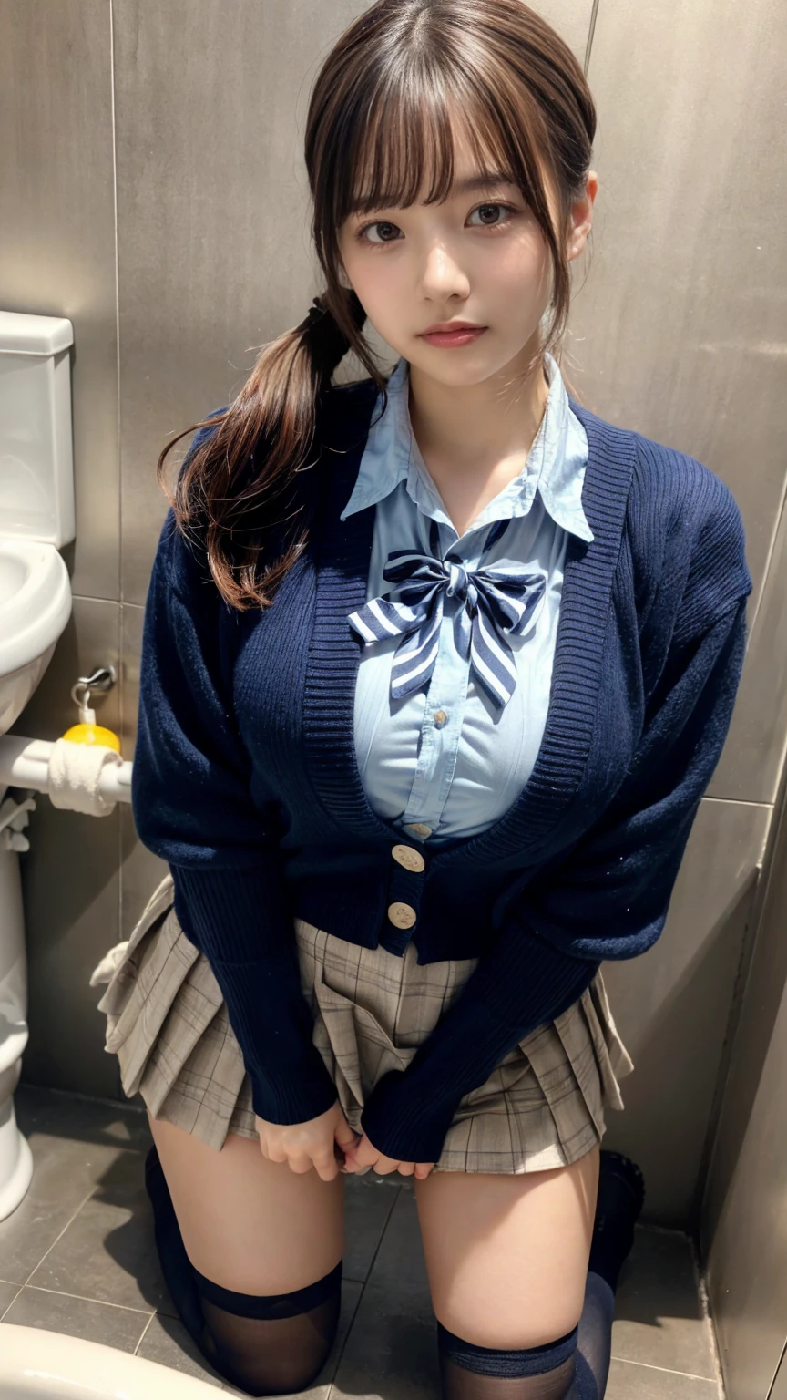 a closeup, masterpiece, top-quality, FULL ANATOMY、Raw foto, Photorealsitic、(Cute little face:1.8)、(Very cute smile:1.7)、(with round face:1.9)、(She looks like an idol and is cute:1.7), A dark-haired、(cute school uniform:1.7), depth of fields, hight resolution, ultra-detailliert, finely detail, ighly detailed, extremely detailed eye and face, Realistic pupils, foco nítido, Cinematic lighting、18-year-old woman、(One lady、独奏:1.7)、 (poneyTail、curlyhair)、Very detailed 8k wallpaper、Show me your whole body、Looking at the camera、(Too short plaid pleated skirt、I can see my panties、Plump panties、Lift the hem of the skirt with both hands、Showing her panties to the camera:1.7)、(Pink Fishnet Stockings)、is standing、Angle from below、(Thigh close-up:1.6)、(Nice figure、big breasts thin waist)、(Clothes with emphasized chest bulge、Colossal tits:1.5)、depth of fields、Bokeh in the background