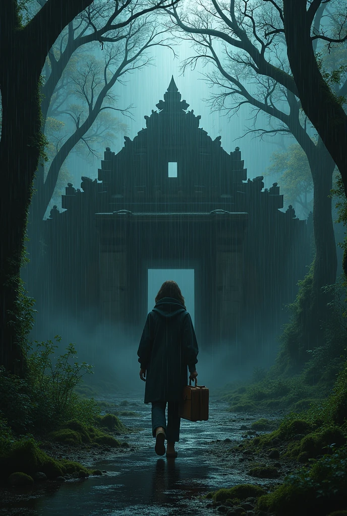 creepy forest And it's raining heavily and another scary scene is happening  the back in the mens the mens has a left briefcase in her hand has to open the door of the scary temple and hostel? Create a realistic image. 