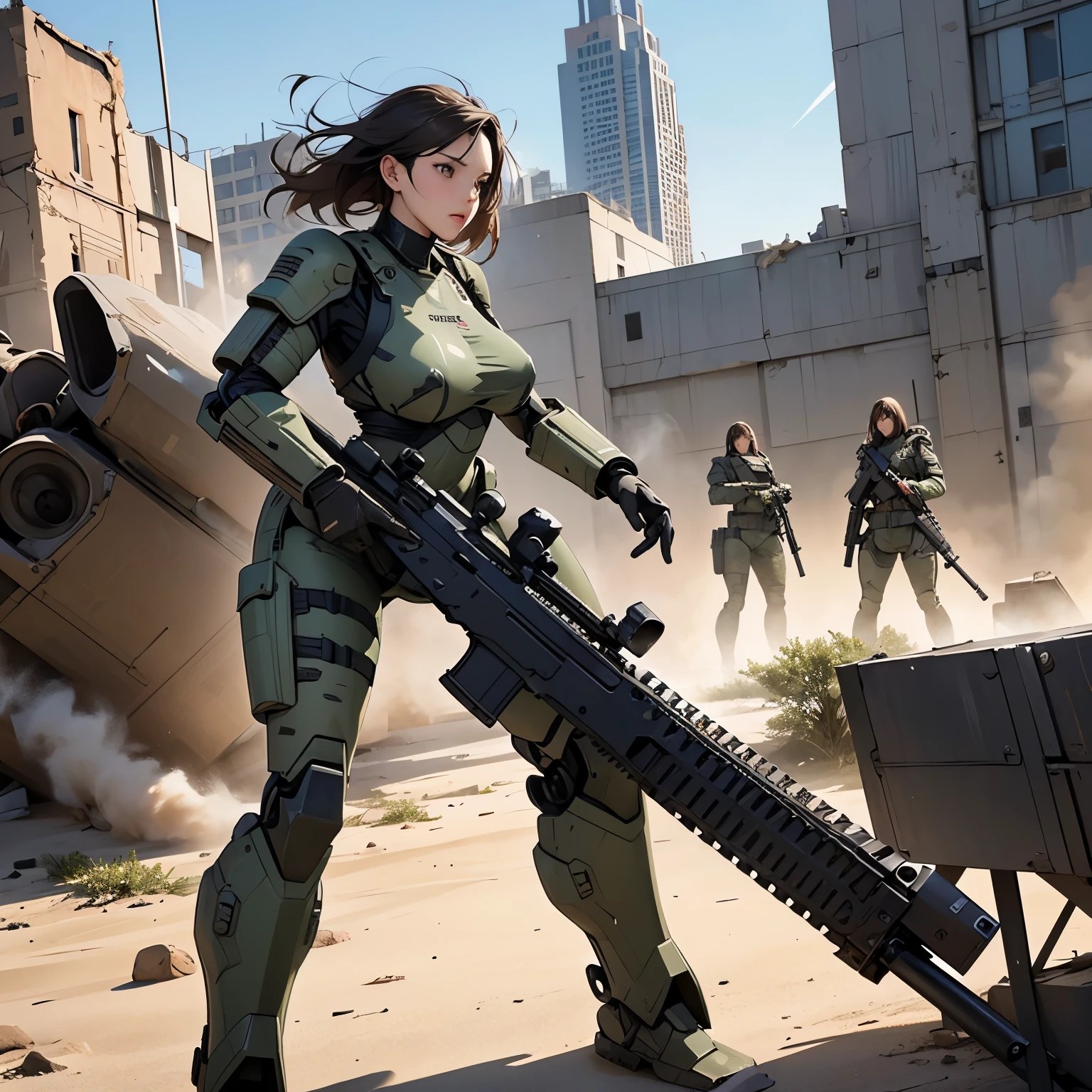 nsfw, anime screencap, 16K, perfect anatomy proportion body, perfect hands, action, A dynamic composition with a sense of speed and movement, (Hold an assault rifle:1.6), a wife, 40age, perfect beautiful delicate sexy face, perfect beautiful delicate eyes, brown hair, short bob hair, gigantic tits, Camouflage colored heavy armor robotic steam engine full armor powered suit, Many robot soldiers having a gunfight in the background, Flying bullets, Urban battlefields, war, Post-apocalyptic,
