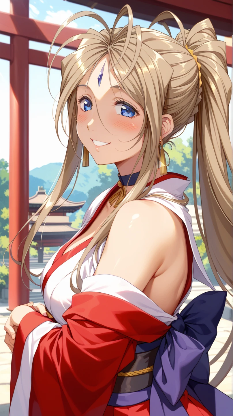 (Belldandy:1.2)、 1 woman、solo、25-year-old woman、Light brown hair、Shiny Hair、 high ponytail、 blue eyes、Glamorous eyes、 textured skin、Shrine Maiden&#39;s Clothing、セクシーなShrine Maiden&#39;s Clothing、red、 Miniskirt Length 、 standing、front、 high definition ,  best quality、 Detailed Details ,  golden hair ornament、 Gold Earrings、 choker、Blushing and smiling、 blur the background :1.2)、