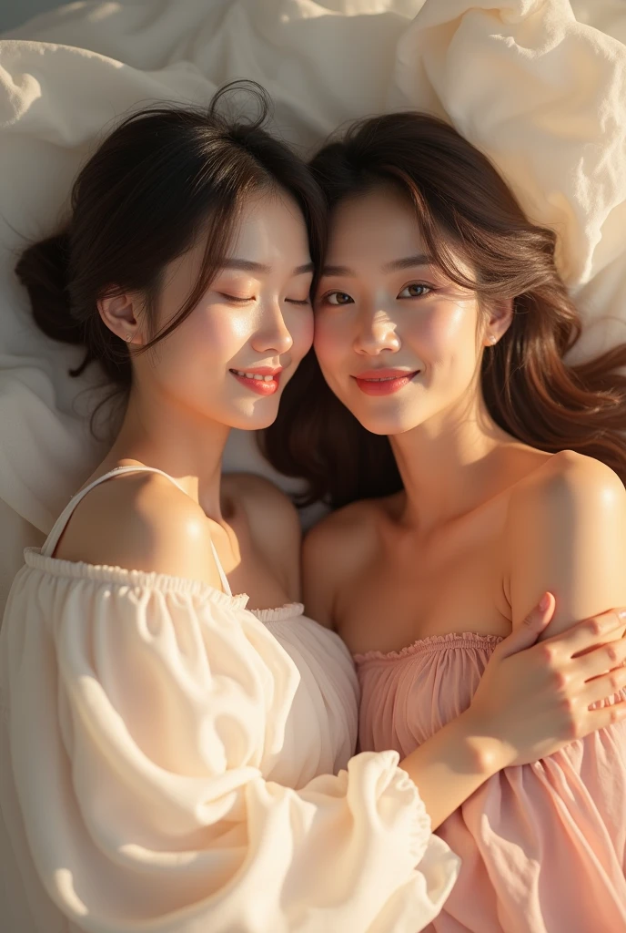 China's unparalleled beauty，up-close，frontage，Smiling，Pale pink silk nightdress，Lie down in bed，With his eyes closed，dimple，Satisfied face
