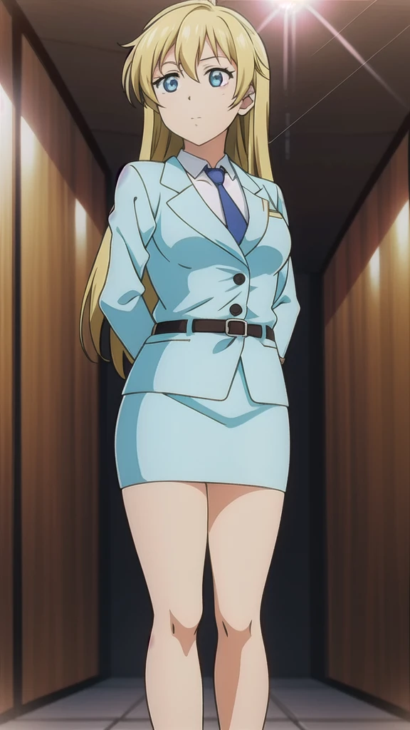 Blonde、 long hair、茶colorの瞳、悲しいface, Full Body Style 、 normal breasts、 narrow waist 、Bare legs、 in a suit、 blue jacket ,襟付き shirt, shirt,  blue tie,belt,,  Blue Mini Pencil Skirt, black tights,White pumps, Official Art, Extremely Detailed CG Unity 8K Wallpaper , perfect lighting, colorful , bright _ Front_face_Lighting,  shiny skin, ( masterpiece:1.0),(Highest_quality:1.0), 超 high definition ,4K, super detailed photo shoot, 8k,  high definition ,  high definition ,  looking for something in an absurd :1.2,  Kodak Portra 400,  Film Grain,  blurry background, Bokeh:1.2,  lens flare , ( vibrant _ color:1.2), Professional photography,Anime Images