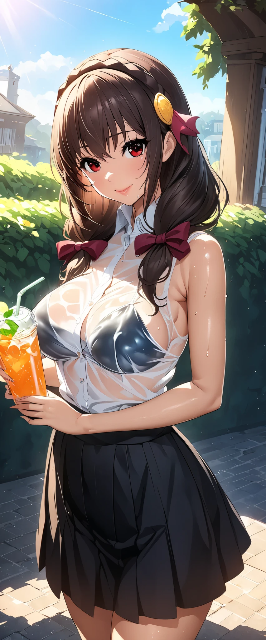 (((masterpiece)))、(( best quality))、( super detailed)、(CG illustration)、(Very beautiful woman))、 cinematic light 、((1 Female))、 、(Beautiful and luxurious:1.2)、( One Woman :1.3)noon,Town,,(( white sleeveless shirt , school uniform), and I'm wet from sweat,Beautiful ponytail,Have a drink,Date,Yunyun, Smile with Closed Mouth ,Glossy lips,summer,Her clothes are see-through and her bra is visible,(sunlight)