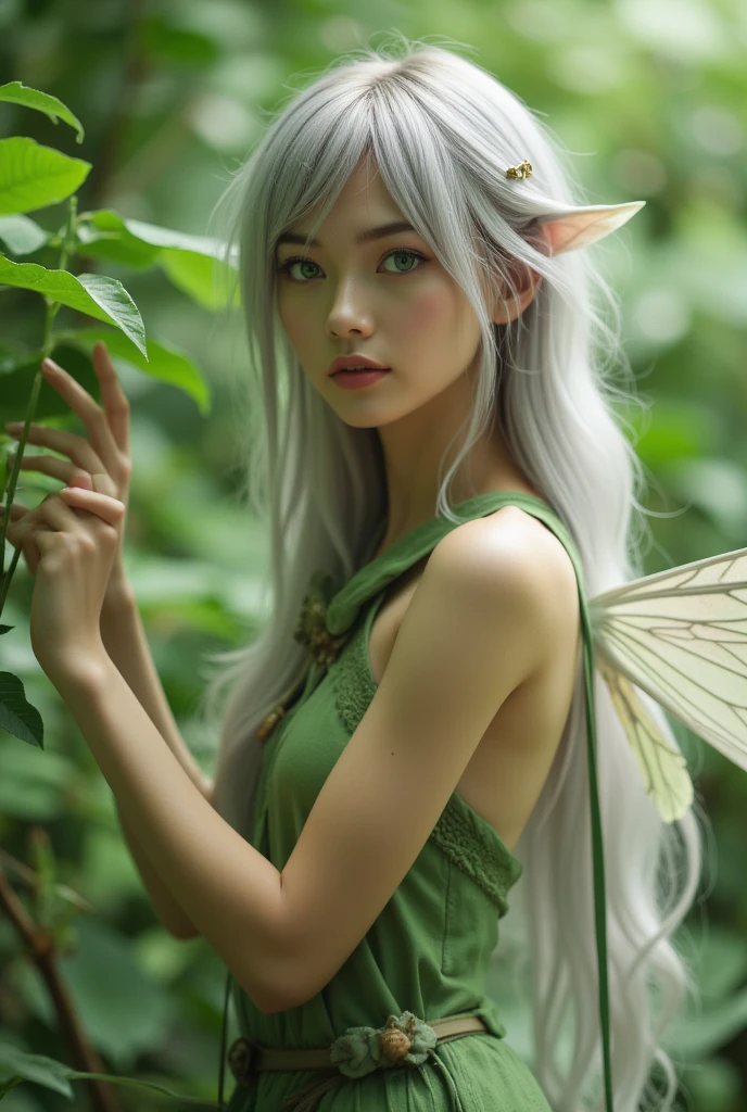 a beautiful indonesian woman becomes a fairy, green eyes, sharp ears, tied silver hair, pale skin, flying flapping her wings. the fantasy world of the forest fairy community as background details. look at the viewer, cinematic light, wide angle full body shot, realistic anime, fantasy bokeh effect