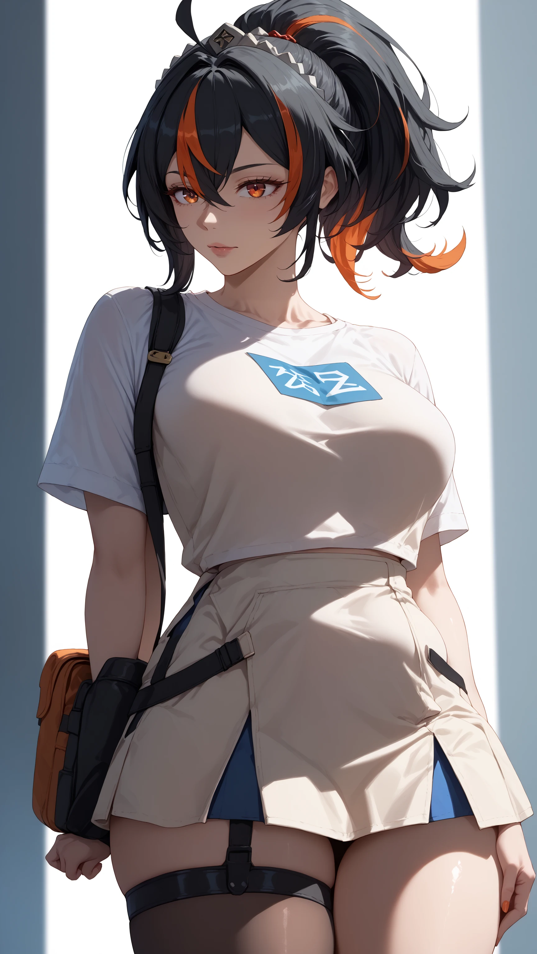 ((best quality)), masterpiece,A full-body depiction of Zhu Yuan from Zenless Zone Zero, with ponytail hair featuring black hair, STREAKED HAIR AT THE MIDDLE HAIR. She possesses a perfect body with notably large breasts, standing upright and making direct eye contact with the viewer. Zhu Yuan is dressed in an orange slim-fit t-shirt and a skirt, with her arms elegantly positioned behind her back, showcasing long, enticing legs.