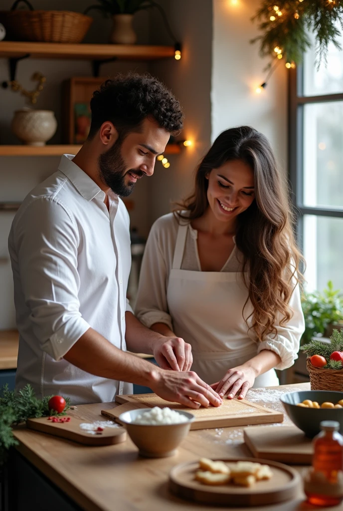 Create a photo of two chefs, a man and a woman, taking a selfie in a restaurant kitchen. The man and woman chefs are happily smiling as they capture a selfie in the restaurant kitchen. They are wearing high-quality chef uniforms and surrounded by kitchen utensils and pots hanging on the walls. The warm light from ceiling lamps highlights their professionalism and the inviting atmosphere of the kitchen. On the counter, there are fresh and colorful ingredients, while in the background, stoves and other culinary equipment are glimpsed. The scene conveys an atmosphere of collaboration and joy in culinary work