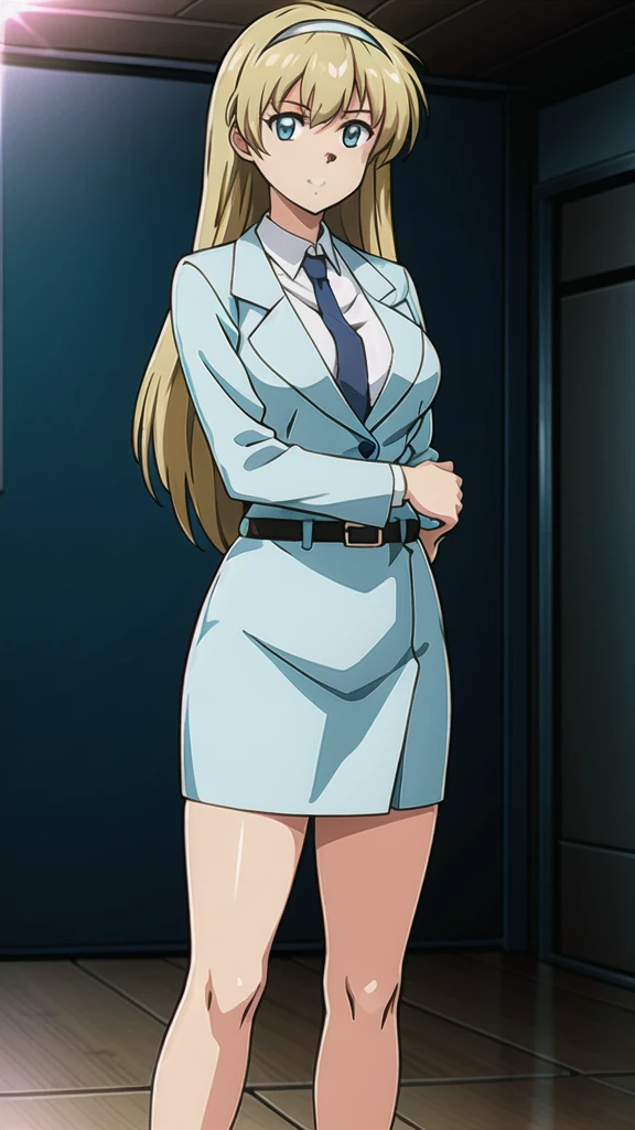 Blonde、 long hair、bangs、White hair band、Blue Eyes、悲しいface, Full Body Style 、 normal breasts、 narrow waist 、Bare legs、 in a suit、 blue jacket ,襟付き shirt, shirt,  blue tie,belt,,  Blue Mini Pencil Skirt, black tights,white heel pumps, Official Art, Extremely Detailed CG Unity 8K Wallpaper , perfect lighting, colorful , bright _ Front_face_Lighting,  shiny skin, ( masterpiece:1.0),(Highest_quality:1.0), 超 high definition ,4K, super detailed photo shoot, 8k,  high definition ,  high definition ,  looking for something in an absurd :1.2,  Kodak Portra 400,  Film Grain,  blurry background, Bokeh:1.2,  lens flare , ( vibrant _ color:1.2), Professional photography,Anime Images