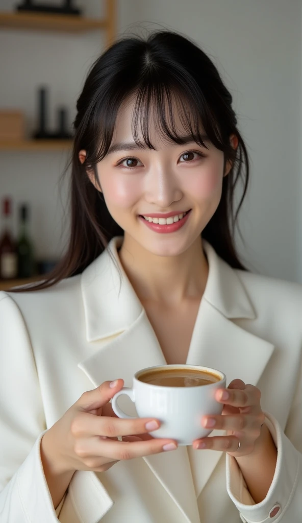 with choppy bangs,fashion photography,pale young adult East Asian smiling 、Hold a coffee cup with both hands