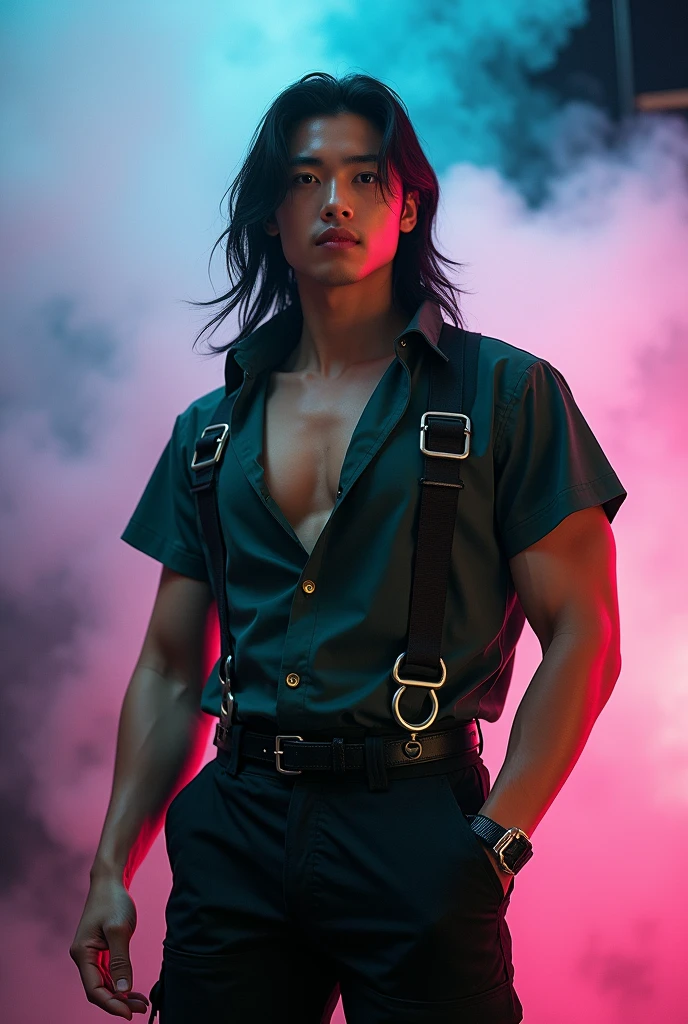 A young man with curly black hair and tanned skin playing a guitar, his muscular body covered in tattoos, dressed in a black trenchcoat, standing in a dimly lit bar, (best quality,4k,8k,highres,masterpiece:1.2),ultra-detailed,(realistic,photorealistic,photo-realistic:1.37),extremely detailed face,full body shot, golden earrings,chiaroscuro lighting,intricate details,exquisite textures,portraits