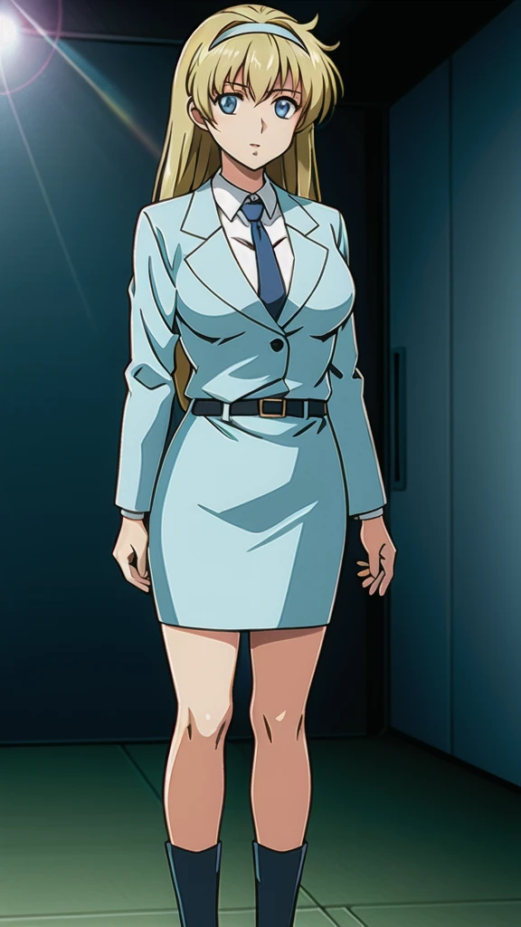 Blonde、 long hair、bangs、White hair band、Blue Eyes、悲しいface, Full Body Style 、 normal breasts、 narrow waist 、Bare legs、 in a suit、 blue jacket ,襟付き shirt, shirt,  blue tie,belt,,  Blue Mini Pencil Skirt, black tights,white heel boots, Official Art, Extremely Detailed CG Unity 8K Wallpaper , perfect lighting, colorful , bright _ Front_face_Lighting,  shiny skin, ( masterpiece:1.0),(Highest_quality:1.0), 超 high definition ,4K, super detailed photo shoot, 8k,  high definition ,  high definition ,  looking for something in an absurd :1.2,  Kodak Portra 400,  Film Grain,  blurry background, Bokeh:1.2,  lens flare , ( vibrant _ color:1.2), Professional photography,Anime Images