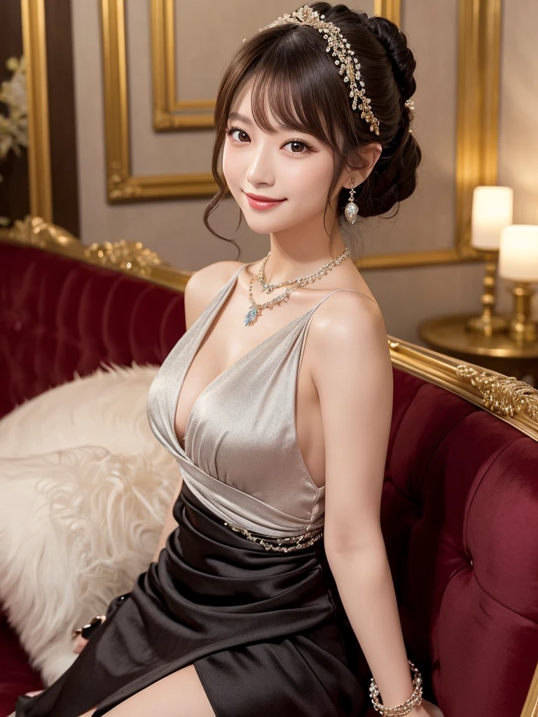 She is a very beautiful and well-styled Japanese woman in a dark night cabaret with romantic lighting wearing a short, silk-length, sexy, tight dress with lots of small jewels sewn with lots of slits and luxurious embroidery、(She has brown eyes and shoulder-length dark blond loosely coiled hair gorgeously)、 she's looking at this、She's wearing a silver necklace 、She has white false nails 、 The background is European style and gorgeous but the lighting is dim 、 She's sitting on a luxurious sofa with her hands aligned on her lap 、Cute Smile