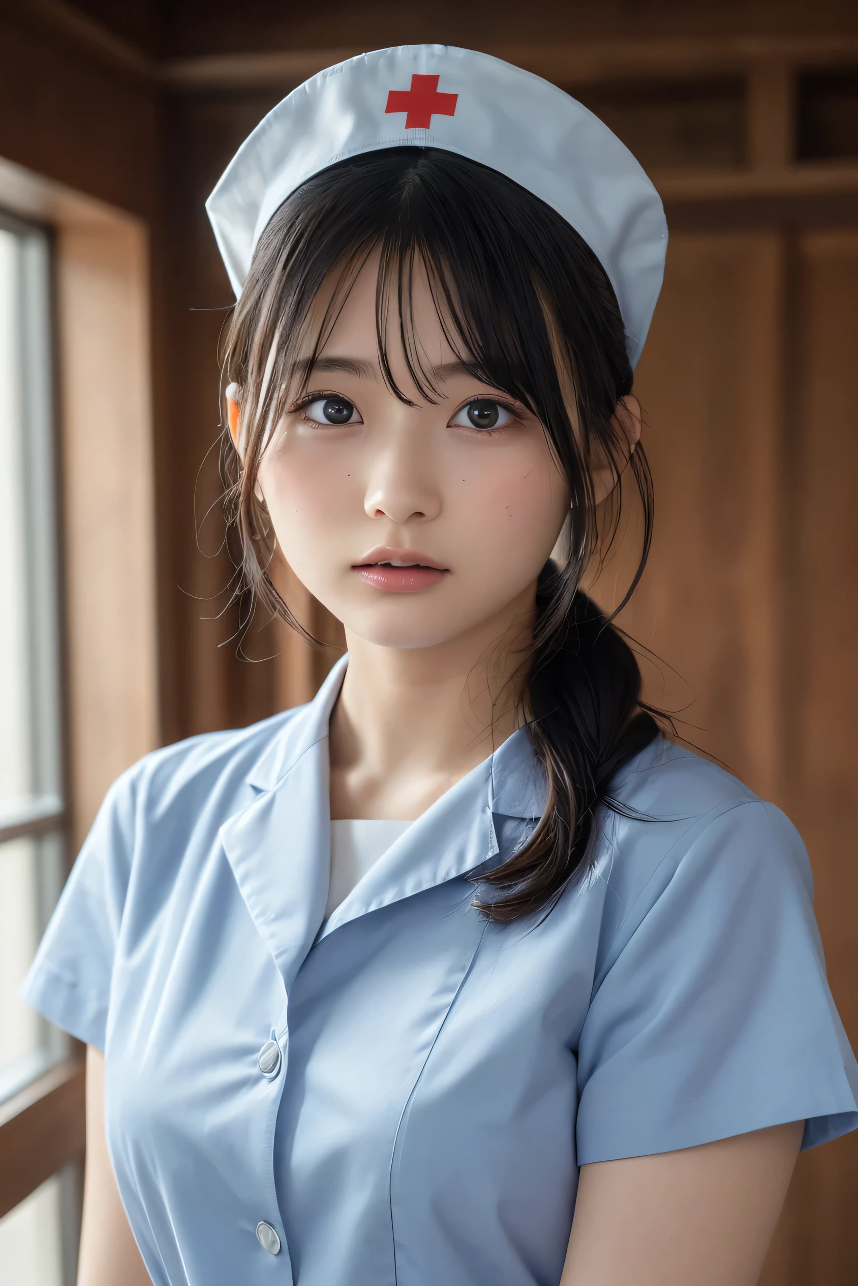 ((highest quality, 8k, Flying debris: 1.3)), beauty, Japanese Girls, nurse, whole body, Perfect Anatomy, Are standing, Black Hair, Blunt bangs, Down ponytail, 20-year-old, Face Focus, Detailed face, Highly detailed lips, Fine Eyes, Sweaty skin: 1.2, nurse uniform, Light blue dress, nurse cap,