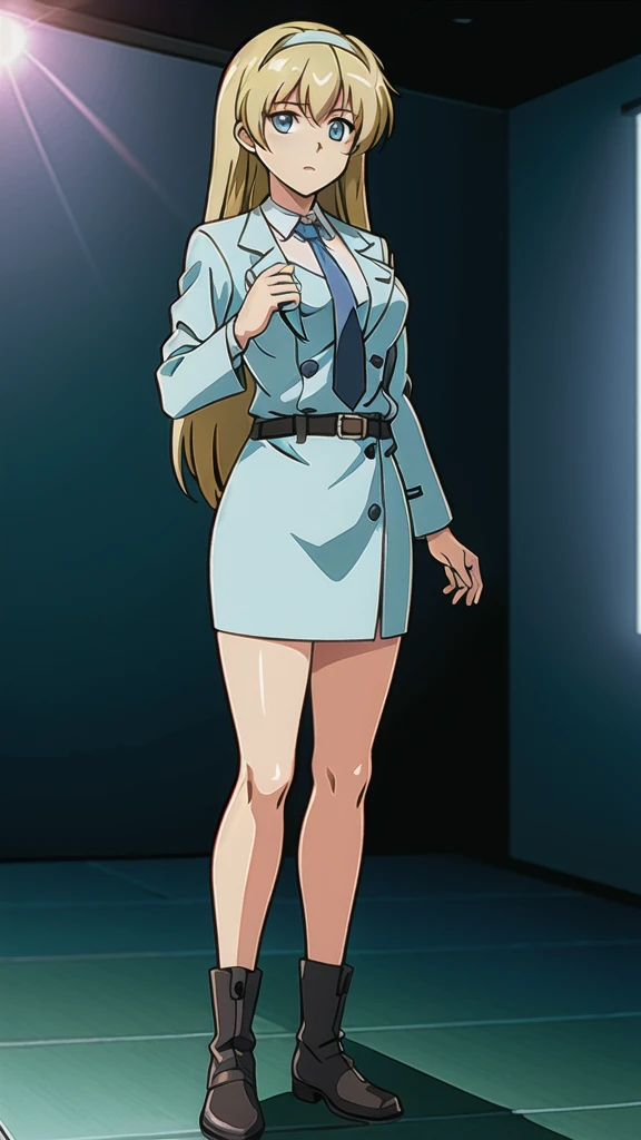 Blonde、 long hair、bangs、White hair band、Blue Eyes、悲しいface, Full Body Style 、 normal breasts、 narrow waist 、Bare legs、 in a suit、 blue jacket ,襟付き shirt, shirt,  blue tie,belt,,  Blue Mini Pencil Skirt, black tights,white heel boots, Official Art, Extremely Detailed CG Unity 8K Wallpaper , perfect lighting, colorful , bright _ Front_face_Lighting,  shiny skin, ( masterpiece:1.0),(Highest_quality:1.0), 超 high definition ,4K, super detailed photo shoot, 8k,  high definition ,  high definition ,  looking for something in an absurd :1.2,  Kodak Portra 400,  Film Grain,  blurry background, Bokeh:1.2,  lens flare , ( vibrant _ color:1.2), Professional photography,Anime Images