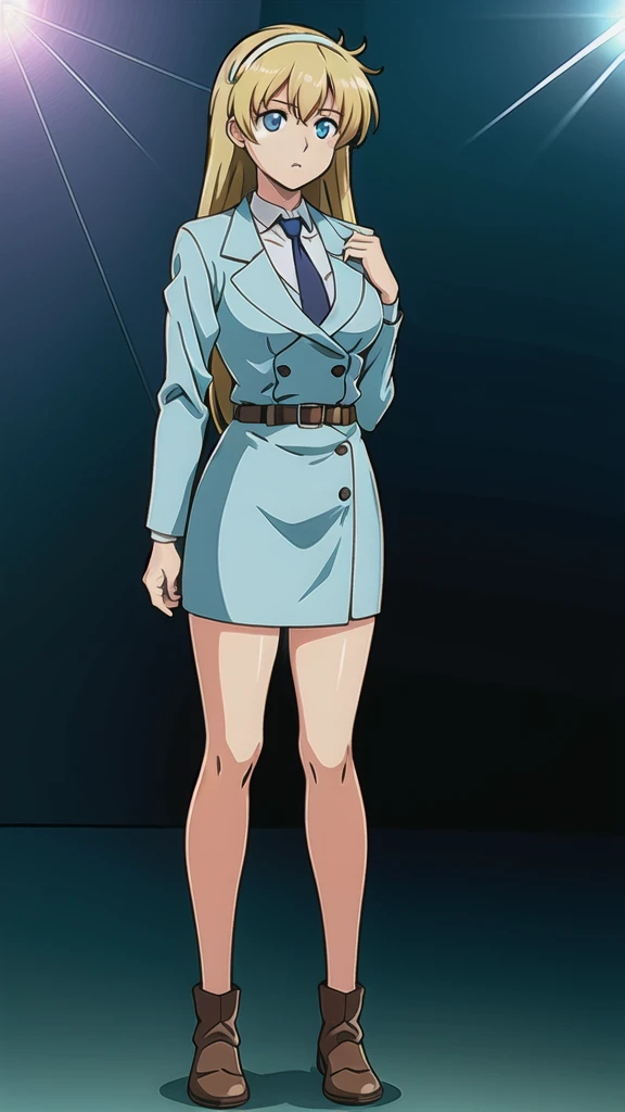 Blonde、 long hair、bangs、White hair band、Blue Eyes、悲しいface, Full Body Style 、 normal breasts、 narrow waist 、Bare legs、 in a suit、 blue jacket ,襟付き shirt, shirt,  blue tie,belt,,  Blue Mini Pencil Skirt, black tights,white heel boots, Official Art, Extremely Detailed CG Unity 8K Wallpaper , perfect lighting, colorful , bright _ Front_face_Lighting,  shiny skin, ( masterpiece:1.0),(Highest_quality:1.0), 超 high definition ,4K, super detailed photo shoot, 8k,  high definition ,  high definition ,  looking for something in an absurd :1.2,  Kodak Portra 400,  Film Grain,  blurry background, Bokeh:1.2,  lens flare , ( vibrant _ color:1.2), Professional photography,Anime Images