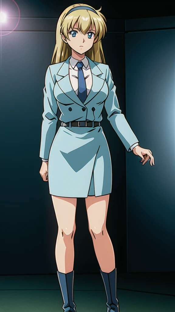 Blonde、 long hair、bangs、White hair band、Blue Eyes、悲しいface, Full Body Style 、 normal breasts、 narrow waist 、Bare legs、 in a suit、 blue jacket ,襟付き shirt, shirt,  blue tie,belt,,  Blue Mini Pencil Skirt, black tights,white heel boots, Official Art, Extremely Detailed CG Unity 8K Wallpaper , perfect lighting, colorful , bright _ Front_face_Lighting,  shiny skin, ( masterpiece:1.0),(Highest_quality:1.0), 超 high definition ,4K, super detailed photo shoot, 8k,  high definition ,  high definition ,  looking for something in an absurd :1.2,  Kodak Portra 400,  Film Grain,  blurry background, Bokeh:1.2,  lens flare , ( vibrant _ color:1.2), Professional photography,Anime Images