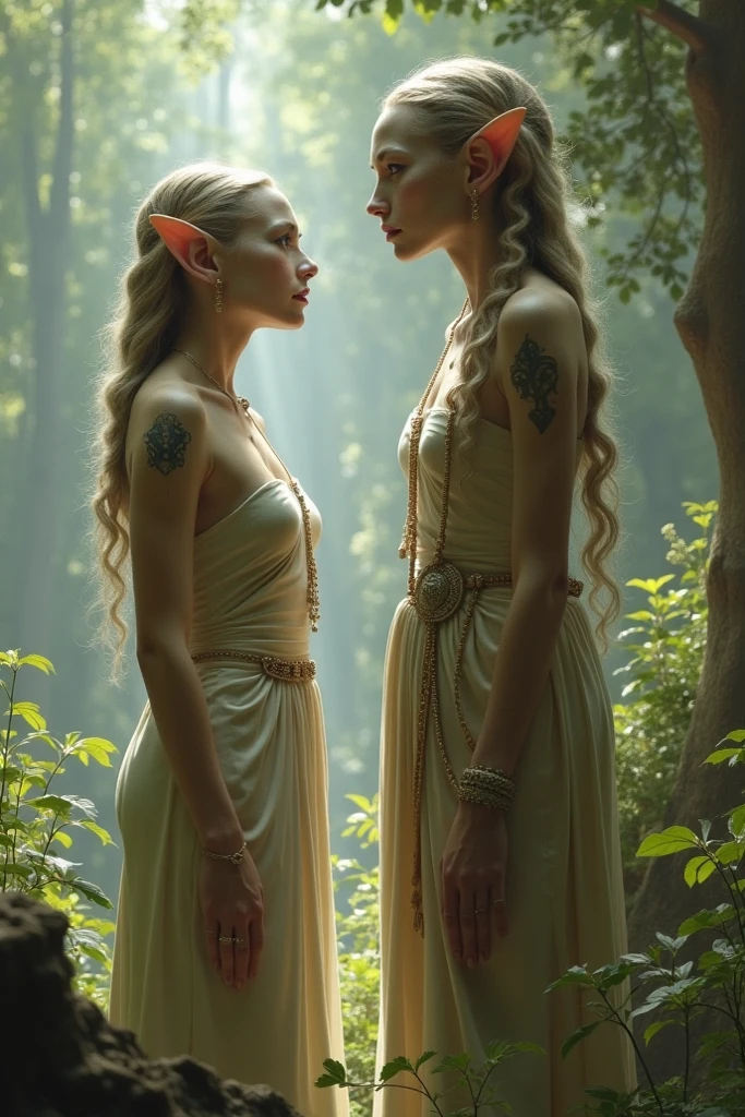 High Fantasy、Delicate depiction、Depiction of the upper body、It's like live-action、Realistic female elf standing figure、Blonde Hair、Embarrassed、A gorgeously decorated white dress、The background is a dimly lit cave