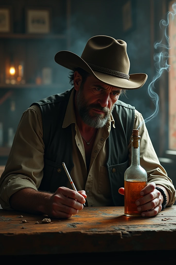 Cowboy drunk on whiskey, lying on the bar table.
